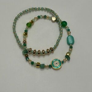 Evil Eye Green and Gold Beaded Bracelet Set of 2